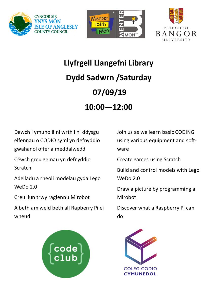 CODING CLUB

Llangefni library
This Saturday (7th)
10:00-12:00