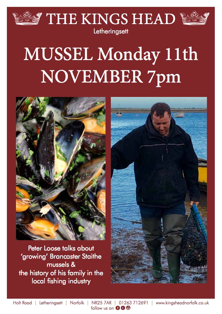 It's all about the wonderful #mussel. Get booking this event - Enjoy Mussels with Peter Loose (The Man who 'grows' mussels at Brancaster Staithe). Monday 11th November <a href="/kingsheadnr/">The Kings Head</a>. #buylocalnorfolk #Seafood #NorthNorfolk