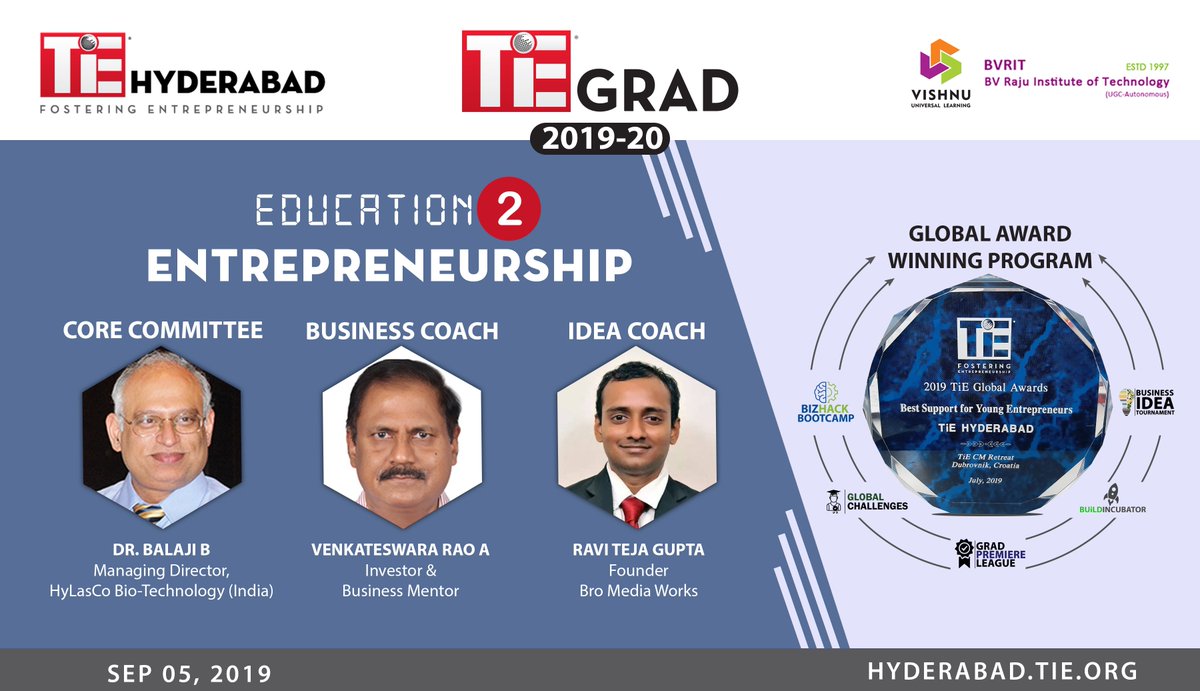 TiEHyderabad's tweet photo. #TiEGrad Kickoff Session at @BVRITHYDERABAD. Thanks to our TiEGrad Core Committee Member Dr Balaji Bhyravbhatla⁩, #HylascoBiotechnology 
#Bizcoach AV Rao, #Investor &amp; #Business #Mentor⁩
#IdeaCoach Ravi Teja Gupta #BroMediaWorks

#Startups #TiECMMentors #Mentoring #Education https://t.co/nuc2rpm9QX