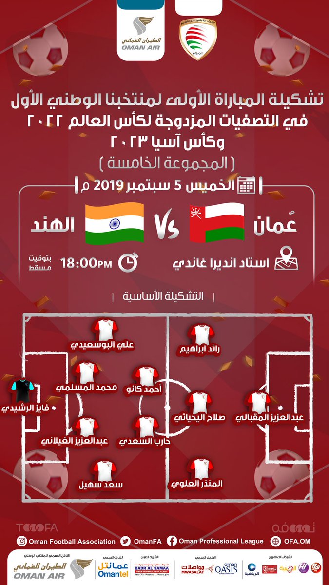 - تشكيلة منتخبنا الوطني الأول في مواجهة نظيره الهندي لحساب المجموعة الخامسة من التصفيات الآسيوية المزدوجة. 
#الهند_عمان 
#IndiaOman