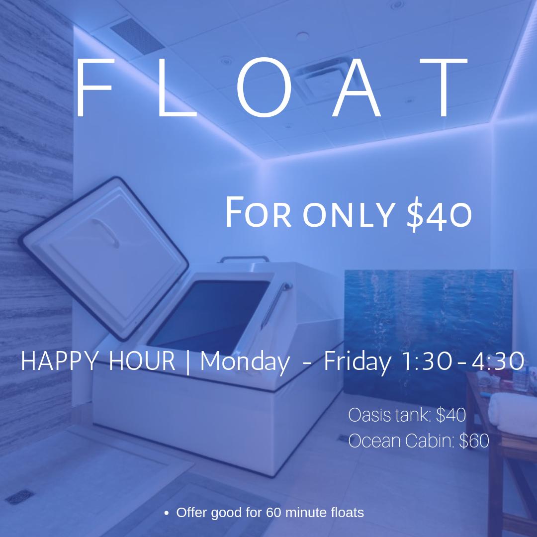 Happy hour floats are here! Get a full-hour float for just $40 between 1:30-4:30pm, Monday to Friday. Call us at (905) 205-0859 or book yours online today!