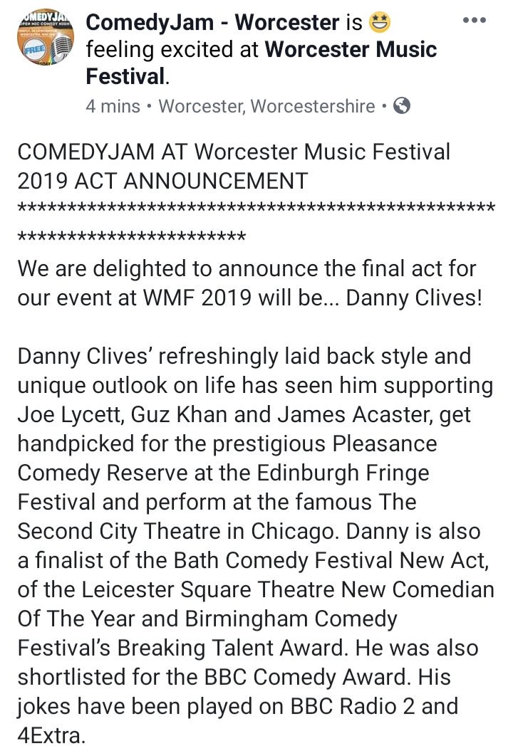 comedyjamuk's tweet photo. COMEDYJAM AT @WorcsMusicFest  2019 ACT ANNOUNCEMENT #comedy #worcestershire #Worcester #wmf #free #whatson @dannyclives https://t.co/eg2fEnXJ1N