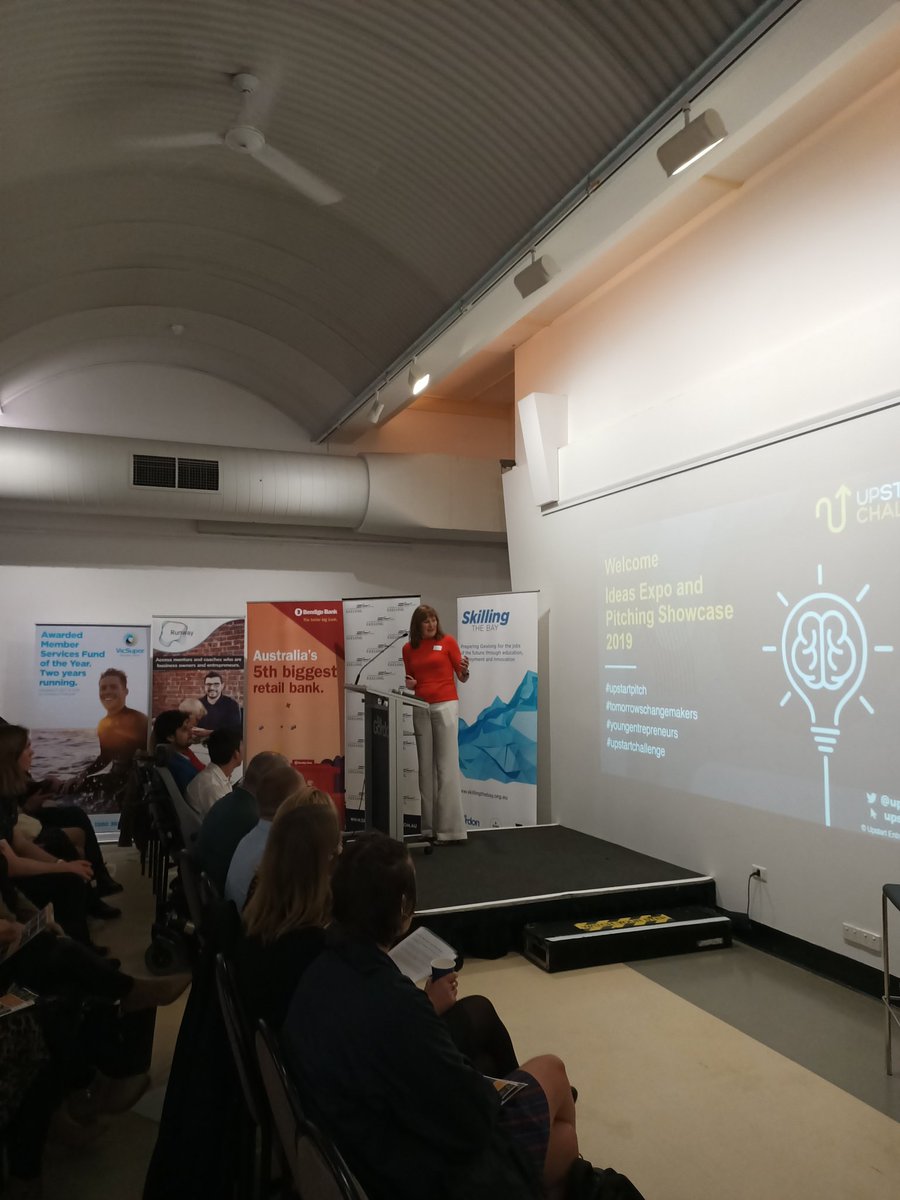 Upstart_HQ's tweet photo. Jenny kicking off the formalities for the #ideashowcase couldn't do it without our partners, sponsors &amp; supporters @GordonTAFE @GreaterGeelong @bendigobank @RunwayHQ_Co @GeelongChamber @difvic @VicSuper @theFormFlowBend @gmcgeelong @GlobalStreamAu plus so many more! #geelong https://t.co/idt3IE3aL2
