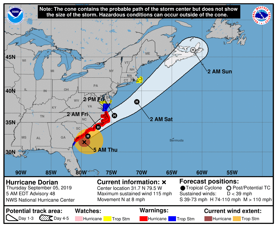 NWSMoreheadCity's tweet photo. The 5 AM update shows that Hurricane Dorian is a Category 3 storm moving North at 8 mph. Residents of coastal eastern NC should prepare for hurricane conditions tonight and Fri morning. All preparations should be completed this morning. More coming later in our latest briefing. https://t.co/EgBxNLz3lQ