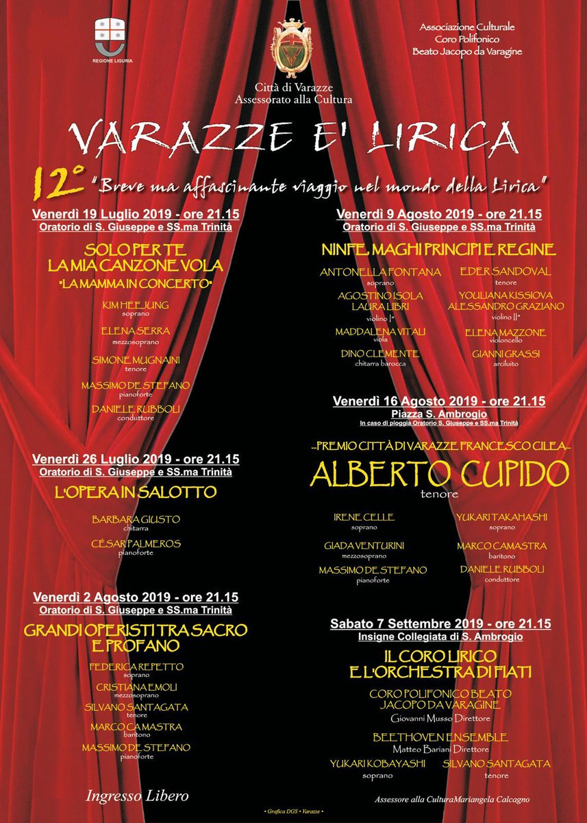 Sabato 7 settembre 2019 alle ore 21.15 nell’Insigne Collegiata di S.Ambrogio in Varazze vi aspettiamoal  concerto conclusivo della XII rassegna Varazze è Lirica 2019.

#orgogliovarazze #portamiavarazze #varazze #lirica