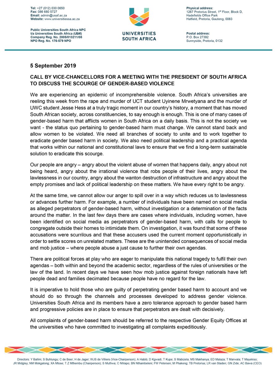 UWConline's tweet image. Vice-Chancellors of all 26 universities in SA has issued this statement calling for a meeting with President Cyril Ramaphosa to discuss the murders of two students and the recent scourge of gender based violence. UWC&apos;s Vice-Chancellor, Prof Tyrone Pretorius, is a signatory.