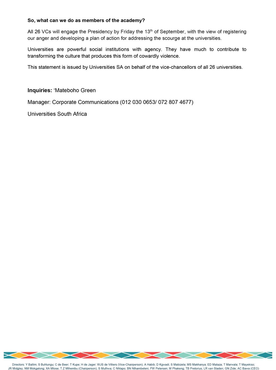UWConline's tweet image. Vice-Chancellors of all 26 universities in SA has issued this statement calling for a meeting with President Cyril Ramaphosa to discuss the murders of two students and the recent scourge of gender based violence. UWC&apos;s Vice-Chancellor, Prof Tyrone Pretorius, is a signatory.
