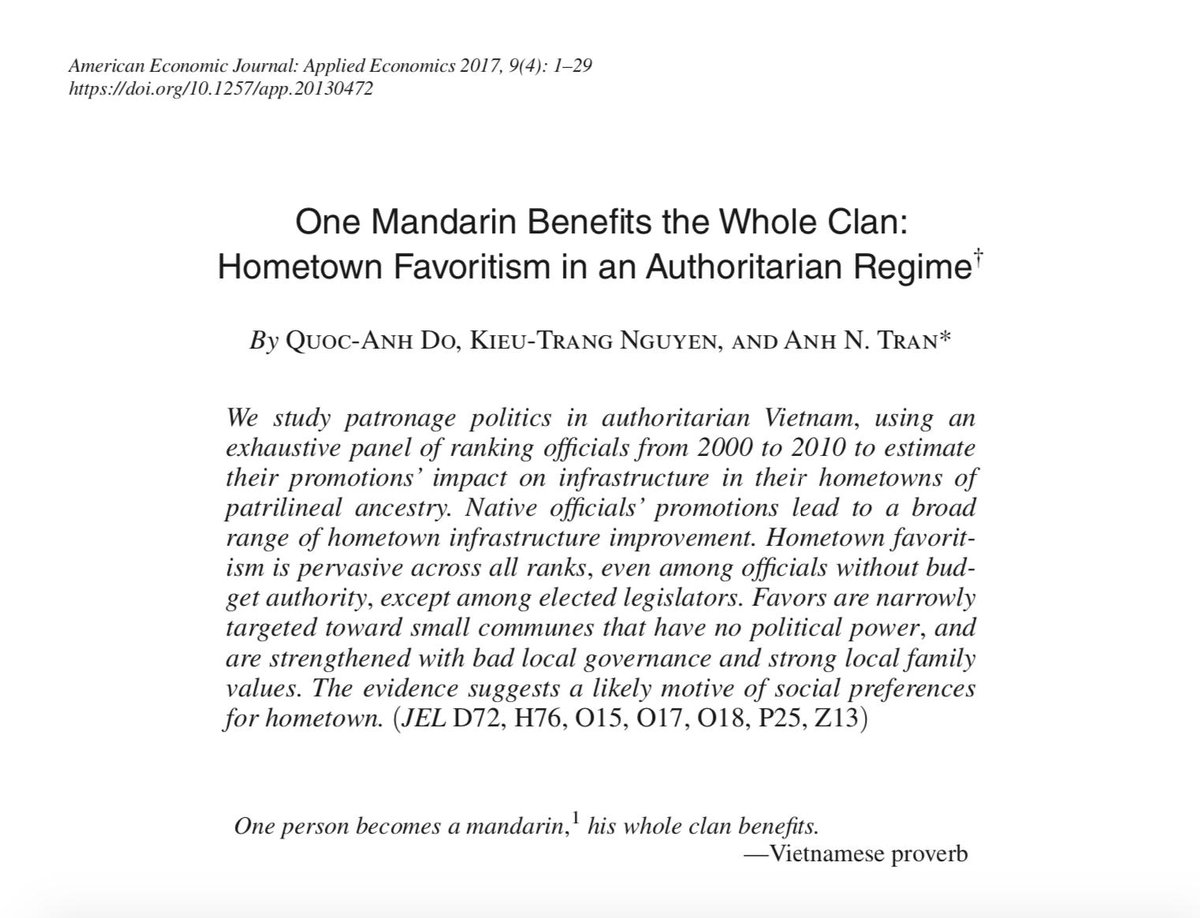 Hometown #favoritism and public resource #allocation in an authoritarian regime: <a href="/AEAjournals/">AEA Journals</a> paper by Do <a href="/doquocanh/">Quoc-Anh (Q.A.) Do</a>, Nguyen and Tran shows how state official #promotion affects local #investments in #Vietnam  aeaweb.org/articles?id=10…