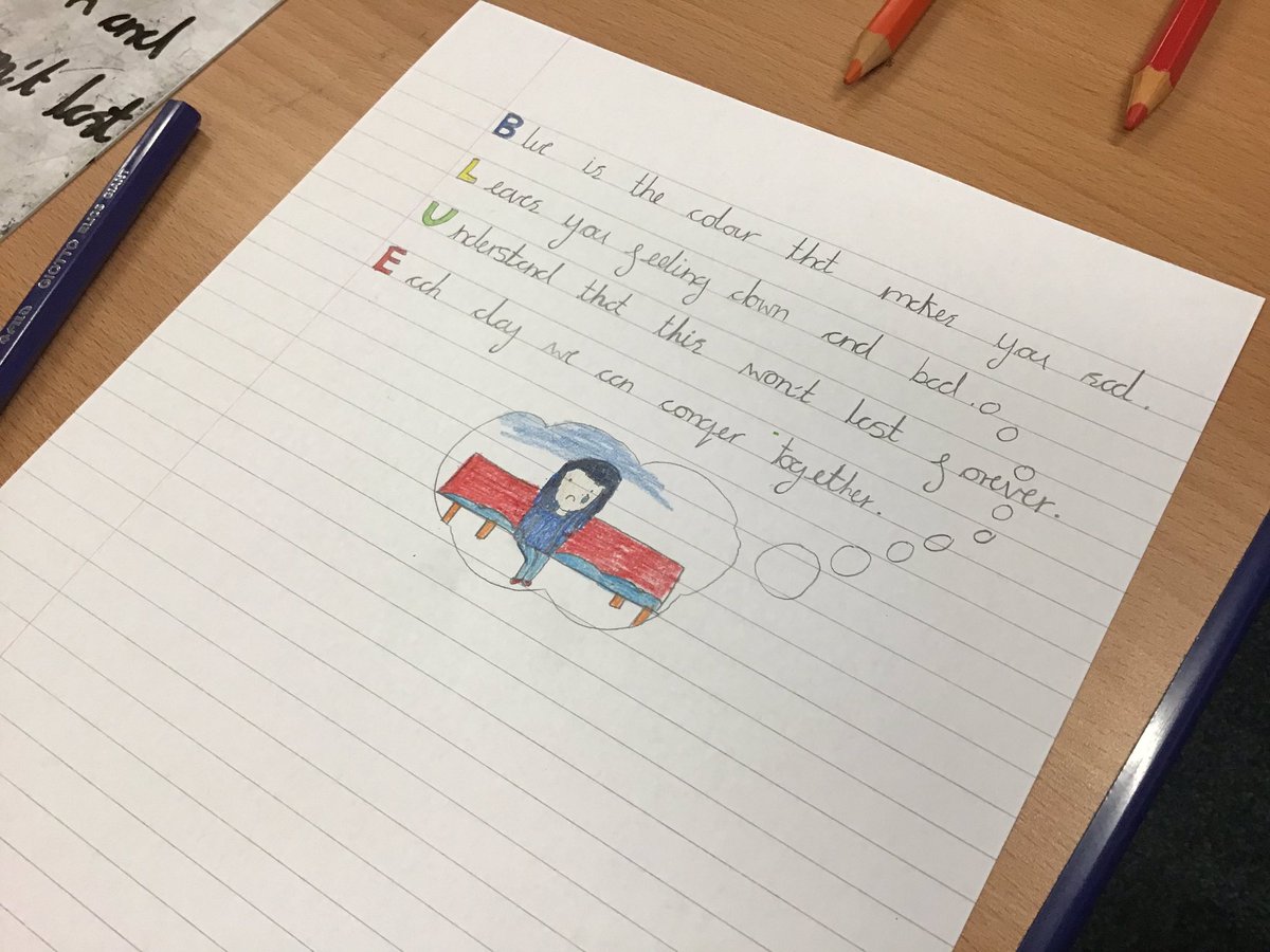 9Barcroft's tweet photo. Today Class 9 have been writing acrostic poems linked to Lucy’s Blue Day. We have discussed emotions and wanted everyone to know it is ok to feel sad! https://t.co/dBcCARZm3d
