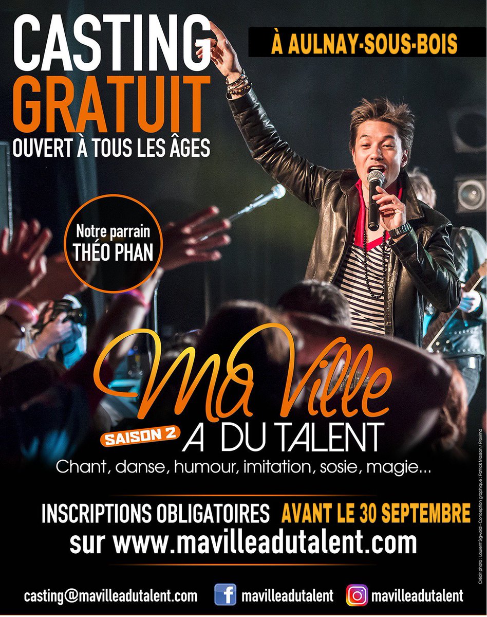 [CASTING] 📽 Vous êtes chanteur, danseur, humoriste, imitateur, magicien, sosie, contorsionniste ou vous avez d’autres aptitudes scéniques ? Ma Ville a du Talent débarque le 2 novembre à <a href="/AulnaySousBois/">Ville d'Aulnay-sous-Bois</a> !

Inscriptions jusqu'au 30/09 👉aulnay-sous-bois.fr/agenda/loisirs… <a href="/VilleTalent/">Ma Ville a du Talent</a>