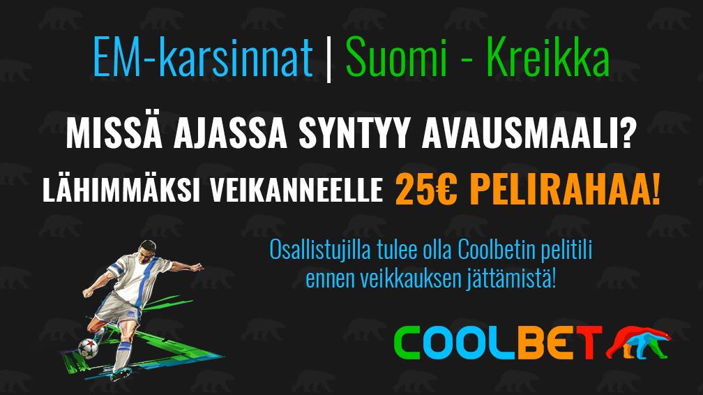 COOLBET-SKABA!

Veikkaa Suomi-Kreikka-ottelun avausmaalin syntyaika ja voita 25 € pelirahaa!

Ehdot: RT + Seuraa

#Huuhkajat #EMkarsinnat