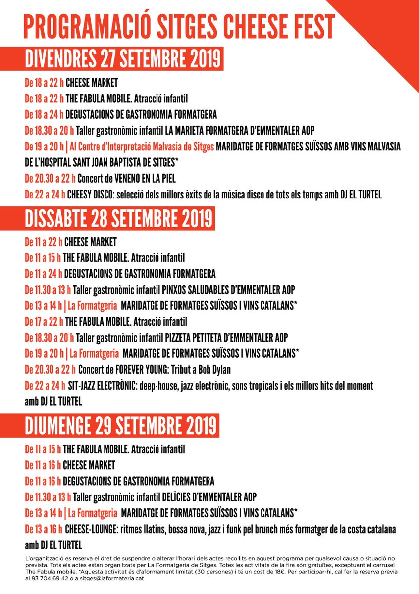 Ja tenim aquí la programació del #SitgesCheeseFest 2019! 😍Tallers gastronòmics infantils 😋, música en directe 🎶, degustacions de gastronomia formatgera 🧀, cheese market, formatges Suïssos, #formatges catalans i molt ambient! No ho podeu deixar escapar! 😎😎

#formatge #Sitges
