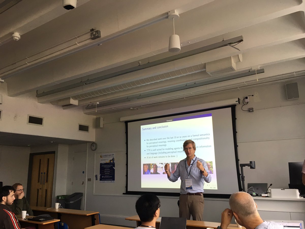 SimonDobnik's tweet photo. @larssonstaffan gives a keynote on “Meaning as coordinated compositional classification” at #LondonLogue #Semdial @QMCogSci https://t.co/wRzsq7SHqD