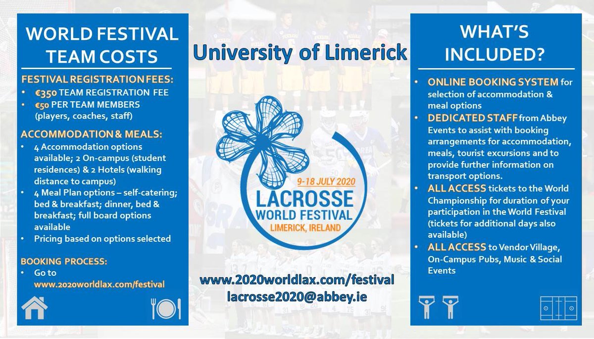 Here's all the info for the 2020 World Festival taking place alongside the @worldlaxsport @2020worldlax in Limerick next July - festival team registration NOW OPEN! 🍀🌍💥 <a href="/IrelandLacrosse/">Ireland Lacrosse</a> @abbeyconference <a href="/ULimsport/">UL Sport</a>
