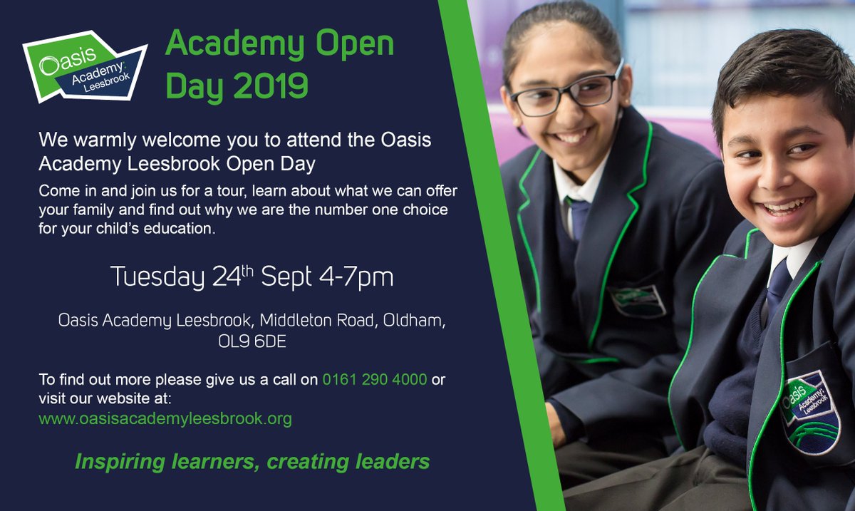 OasisAcademies's tweet photo. Looking for a secondary school for your child next year? Live in Oldham? Come and visit @OasisLeesbrook to find out what they can do for your family! Meet the Principal and learn from our students why they wouldn't want to be anywhere else. 

#Oldham #oldhamopendays #Leesbrook https://t.co/uc2qP87aCI