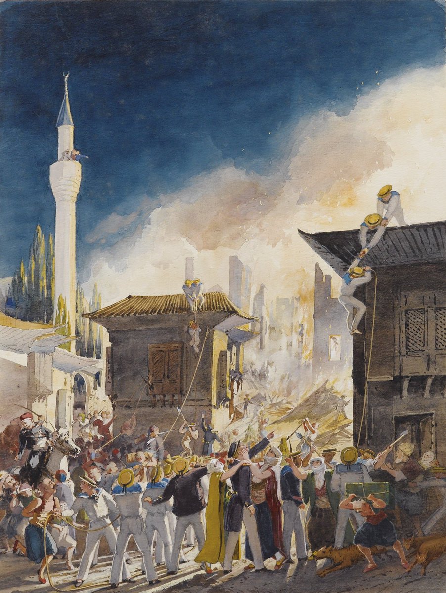 Fire at Pera, ConstantinopleFrançois d'Orléans, Prince of Joinville (1818-1900)Fransız Kralı Louis Phillipe’in oğlu Prens François'in suluboya resmi, komutası altındaki Fransız denizcilerin Galata civarında çıkan bir yangına müdahelesini tasvir ediyor.