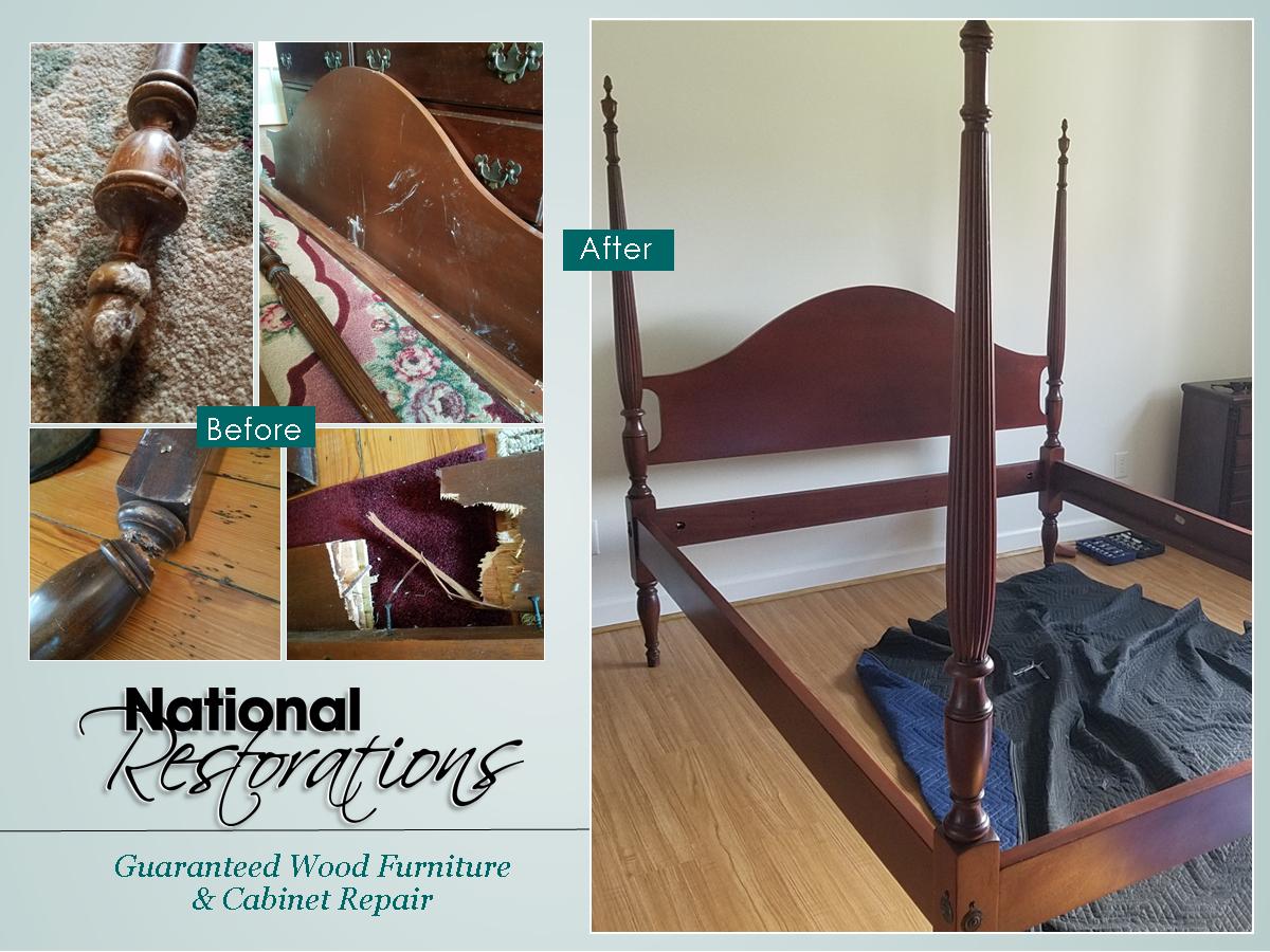 ThinkRestore's tweet image. This mahogany queen bed has been fully restored! Damaged by a tree falling through the roof, it had a broken side rail, cracks in the posts and finials and all over water and sheet rock damage to the finish.