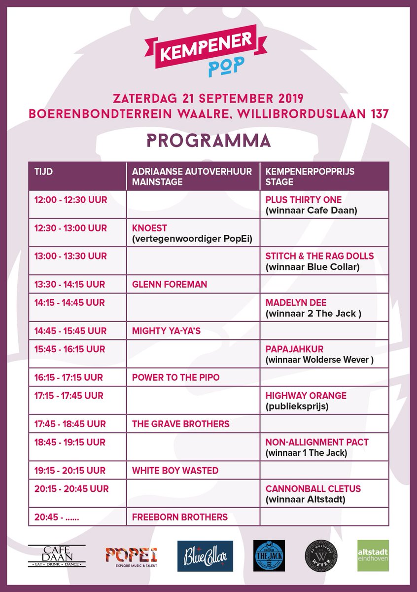 Here it is... de officiële #timetable van #Kempenerpop 2019! Bij welke bands zien we jou op 21 september? kempenerpop.nl