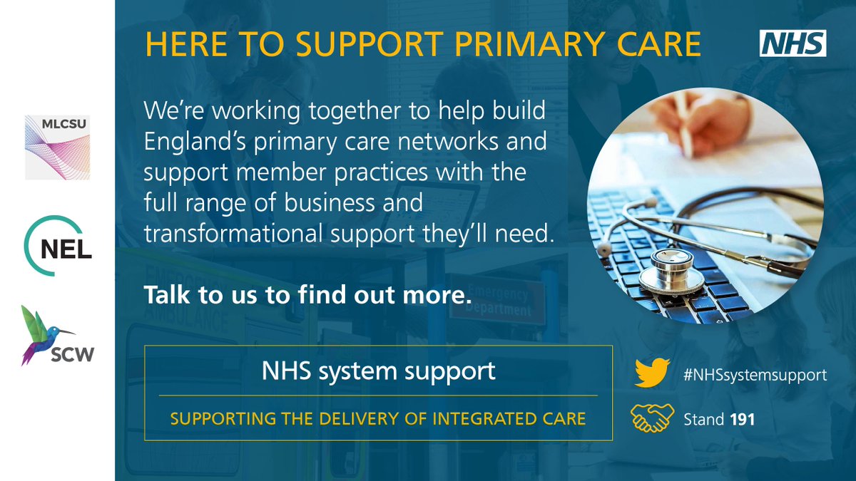 NHSscw's tweet photo. Don’t miss your opportunity to find out how support units are working with #PCNs. Talk to SCW, @MLCSU and @NELCSU about our collaborative working on #NHSsystemsupport stand 191 @ExpoNHS #Expo19NHS https://t.co/JdD4v4fIOy