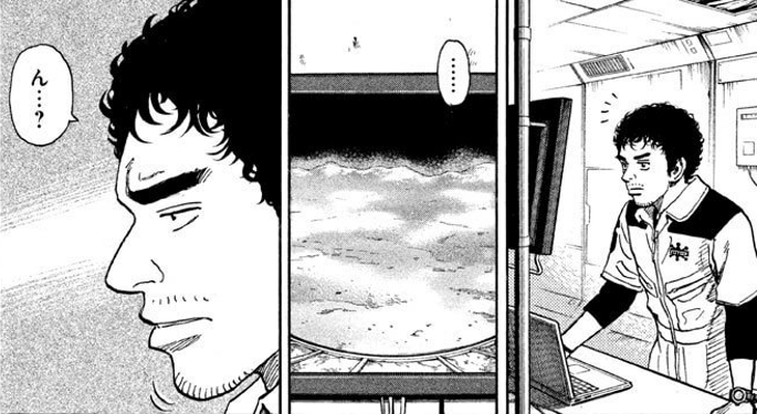突然ですが、『宇宙兄弟』が単行本になるまでの絵の過程を、同じコマでちょっと見てみましょう★
1枚目:ネーム
2枚目:生原稿
3枚目:単行本 