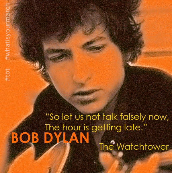 WhatIsYourMarch's tweet photo. Celebrating #TBT with #BobDylan’s “All Along The Watchtower”

“So let us not talk falsely now
The hour is getting late.”

The song has been covered by several #artists throughout the years including #JimiHendrix, #NeilYoung, #EricClapton &amp; #LennyKravitz + more!

#WhatIsYourMarch https://t.co/8DgeoNhSuY