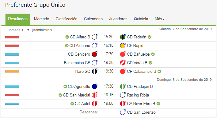 📆 J1 Preferente riojana

<a href="/CDAlfaro/">C.D. Alfaro</a> b <a href="/CDTEDEON/">CDTEDEON</a> CD Aldeano <a href="/CFRapid/">CF Rápid de Murillo</a> <a href="/cdcenicero/">C.D. Cenicero</a> @CD_Banuelos <a href="/BALSAMAISO/">PEÑA BALSAMAISO C.F.</a> <a href="/vareaoficial/">Club Deportivo Varea</a> b <a href="/HaroRegional/">Haro Sport Regional</a> <a href="/CalasancioC/">C.P Calasancio fútbol</a> b <a href="/CD_Agoncillo/">CD_Agoncillo</a> <a href="/CDPradejon/">CD Pradejón</a> b <a href="/cdsanmarcial/">CD San Marcial</a> <a href="/RacingRiojaCF/">INFO | Racing Rioja C.F.</a> <a href="/cdautol/">Club Deportivo Autol</a> <a href="/aupariver/">RIVER EBRO</a> b <a href="/CD1SanLorenzo/">CD San Lorenzo</a> 

➡️ siguetuliga.com/liga/la-rioja-…
