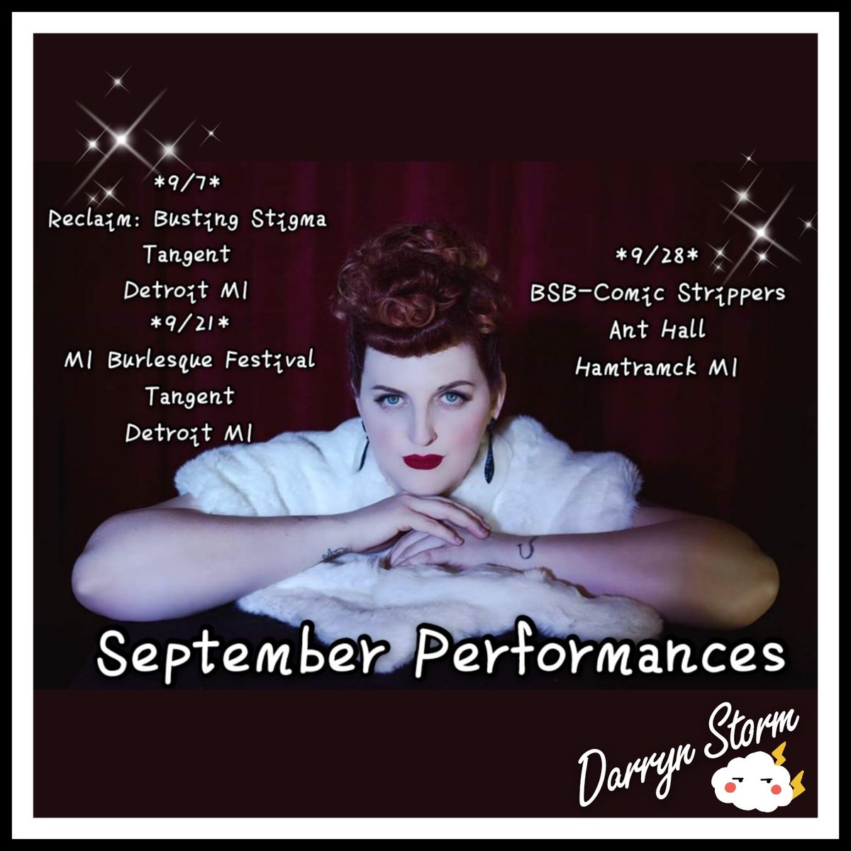 Darryn_Storm's tweet photo. September Performances!
9/7= Reclaim: Busting Stigma. Detroit
9/21= Michigan Burlesque Festival. Detroit
9/28= Comic Strippers. Hamtramck
More details: https://t.co/oIV9LnOEx0
#burlesque #darrynstorm #michiganburlesque #burlesqueshows #michigandancer #burlylife #showgirl #glitz https://t.co/C1Hs0QIeX3