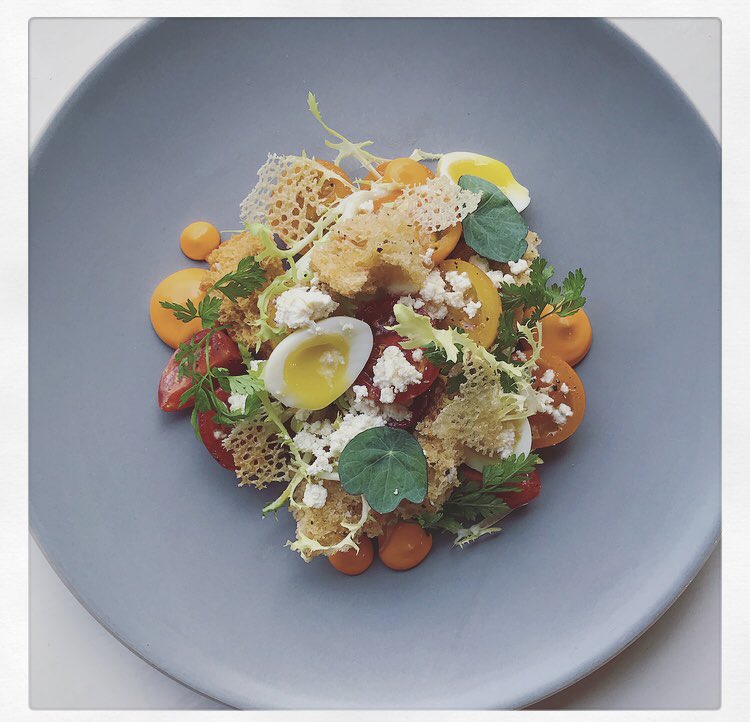 wezwatts's tweet image. Tomato,Crowdie,pickled quail eggs,focaccia croutons,harissa mayo .#newmenu #starter