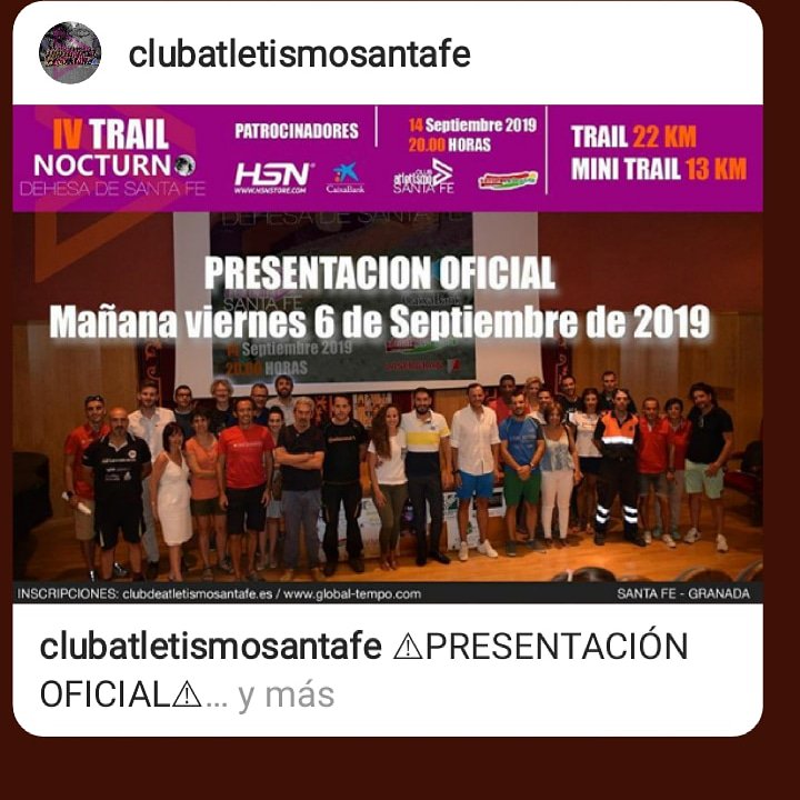 SantaFeAyto's tweet photo. 📍PRESENTACIÓN OFICIAL
Viernes a las 13.00 en Instituto de América C. Damián Bayón.
Inscríbete en @global_tempo, en Atletismo Santafé o físicamente en SBC Silverback o Intersport Santa Fe
#hsnstore_es @caixabank @aytosantafe 
#santafeesdeporte #lasergran #trailnocturno https://t.co/hGYNdbYCwK
