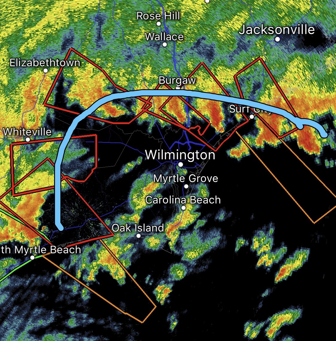 ReedTimmerUSA's tweet photo. Ring of tornado warnings completely surrounding Wilmington NC this morning! BIG problems with this band this morning in front quadrant of Hurricane Dorian https://t.co/TRXQHvN3dU