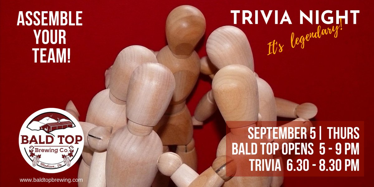 Good morning! Something to consider over breakfast: Who is going to be on your Trivia Team tonight?
#trivianight #baldtopbrewing #thursday #baldtopbrewery #baldtop #blueridgemountains
#bringfido #craftbrewery #madisonva
#VAcraftbeer #breweriesinVirginia 
#SeminoleBeerTrail
