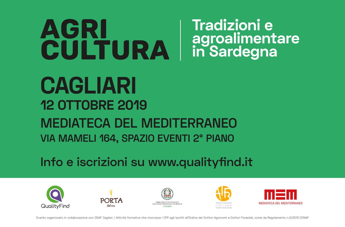 qualityfind_it's tweet image. Il #12ottobre a @XmemCagliari parte #AgriCultura, un ciclo di incontri dedicato alle produzioni agroalimentari tradizionali in #Sardegna, con @alexethno e la rete @qualityfind_it 👉qualityfind.it/news/agricultu… 📢#ISCRIZIONIAPERTE e scontate entro il 10 settembre📩info@qualityfind.it📢