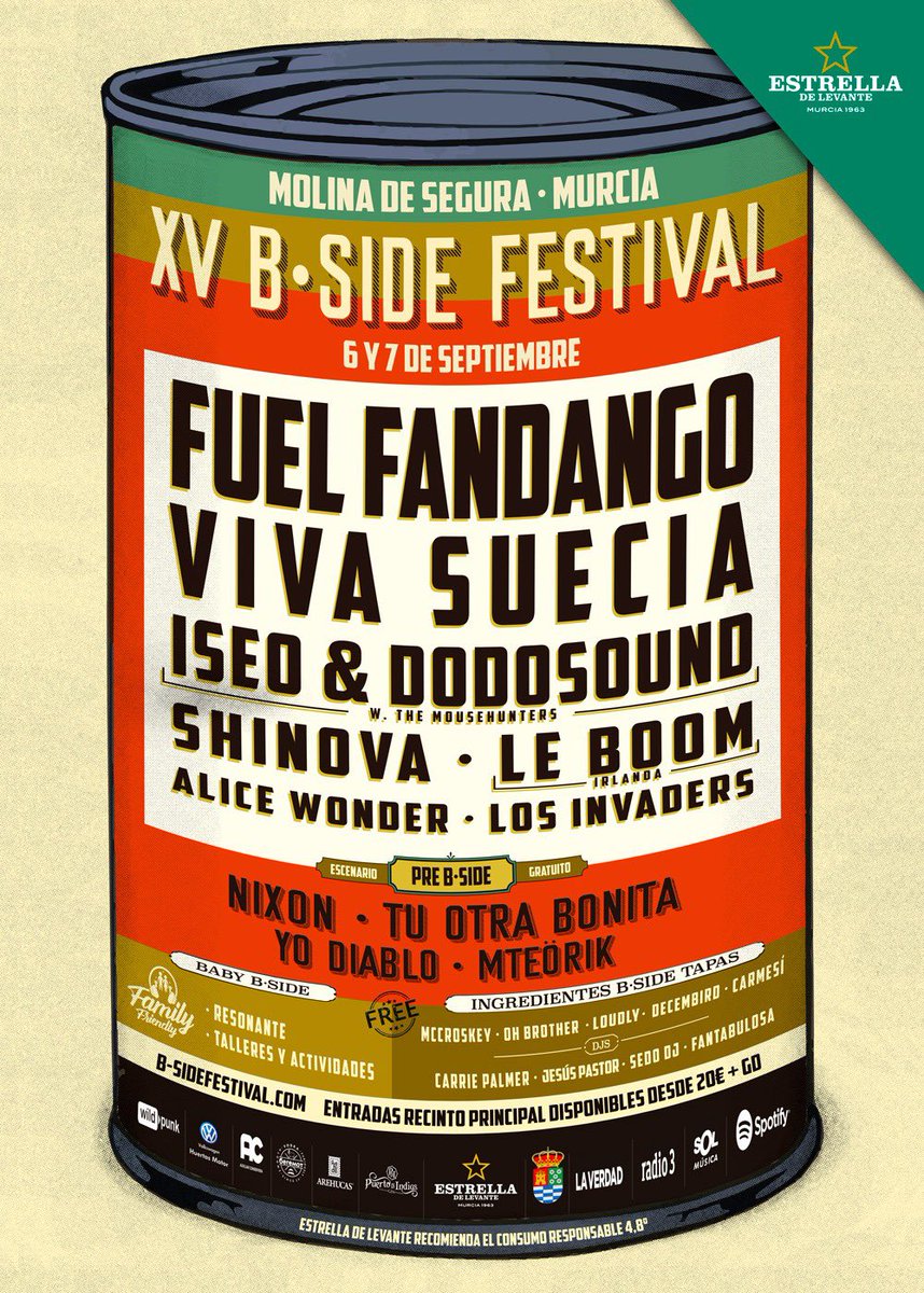 B_SideFestival's tweet photo. XV B-SIDE FESTIVAL ☝🏼🖐🏼🥫
Mañana arranca #BSideFestival2019 🎉 Nuestra decimoquinta edición, con cartel de auténtico lujo 😍 El año de la niña bonita 💃🏻 trae sorpresas como #PreBSide 🎸 #BSideTapas 🍋🍺 y #BabyBSide 👨👩👧👦👶🏻
¡Ven a celebrar 15 de años de música con nosotros! 🎊💃🏻🎶 https://t.co/BbENqIni7A
