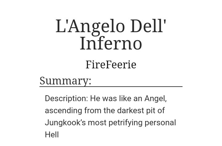 L’Angelo Dell’ Inferno by FireFeerieAlpha JKOmega JMWC:75KReview: Ahh. You remember some fics and the visuals you created in your mind stay with you. JK is abducted and forced to be mated with JM. And it's complicated but the story was worth it! https://archiveofourown.org/works/17118842/chapters/40260791