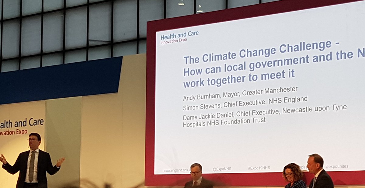 Hearing from <a href="/AndyBurnhamGM/">Andy Burnham</a> about the work happening in Manchester to improve air quality and reduce pollution. Call to the NHS to become involved at a local level across the country, as the biggest organisation to reduce our carbon footprint #greenNHS #Expo19NHS