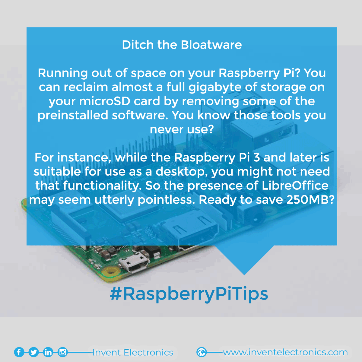 invntelectronix's tweet photo. Ditch the Bloatware
Open a terminal window and enter:
sudo apt purge libreoffice*
sudo apt clean
sudo apt autoremove
#RaspberryPiTips #TutorialThursday https://t.co/Y1POu5BWwP