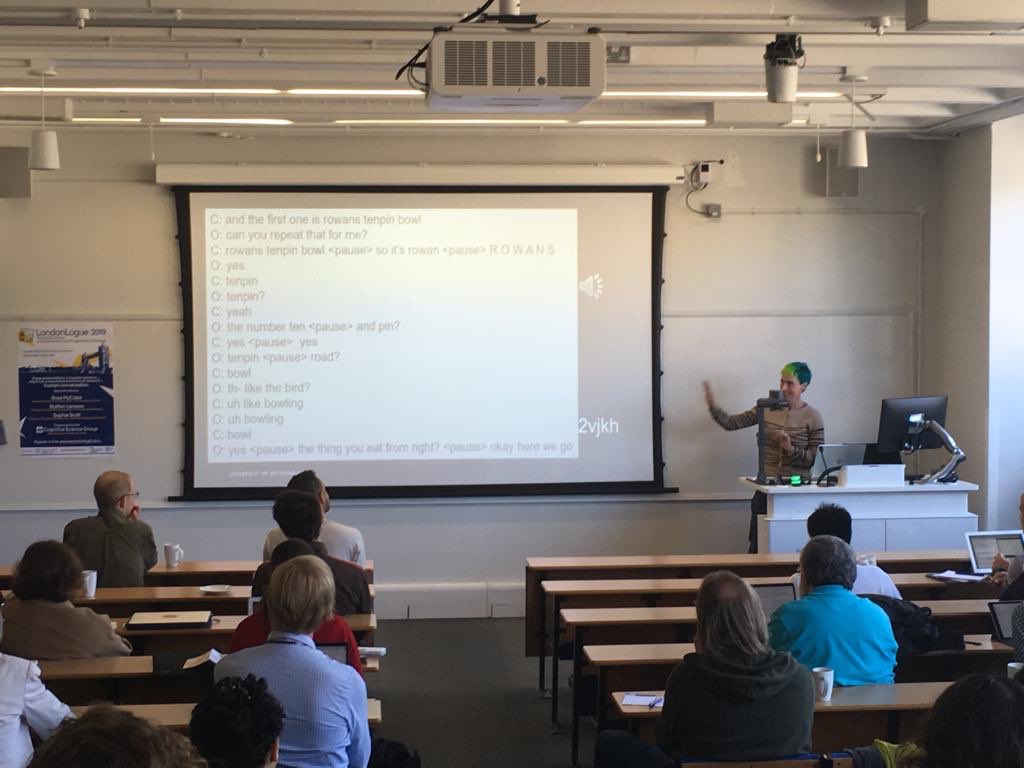 QMCogSci's tweet photo. Christine Howes presenting a new data set of task based phone dialogues at #SemDial #LondonLogue https://t.co/75FnlSvanT