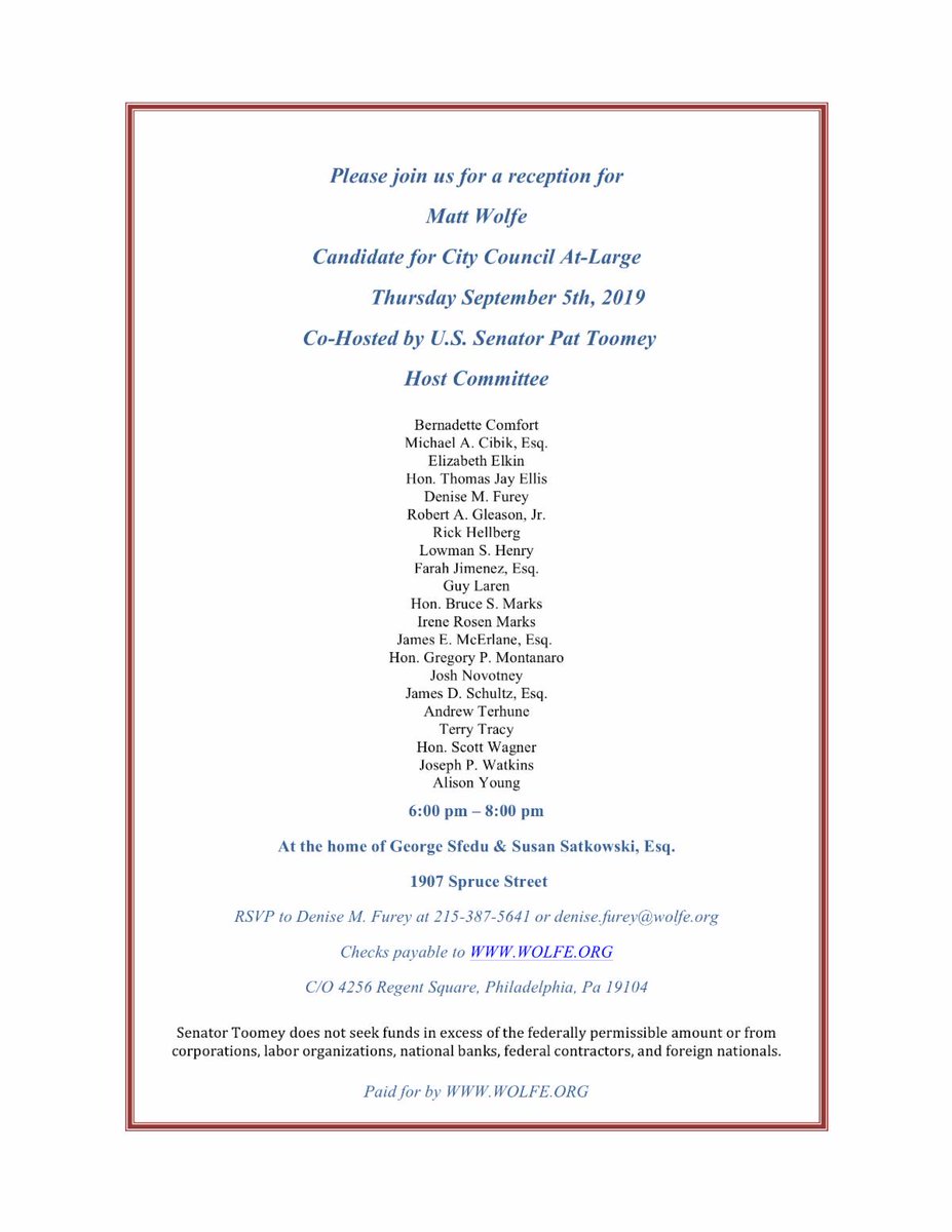 TONIGHT!  Reception to Support Wolfe for City Council conta.cc/32za5sC