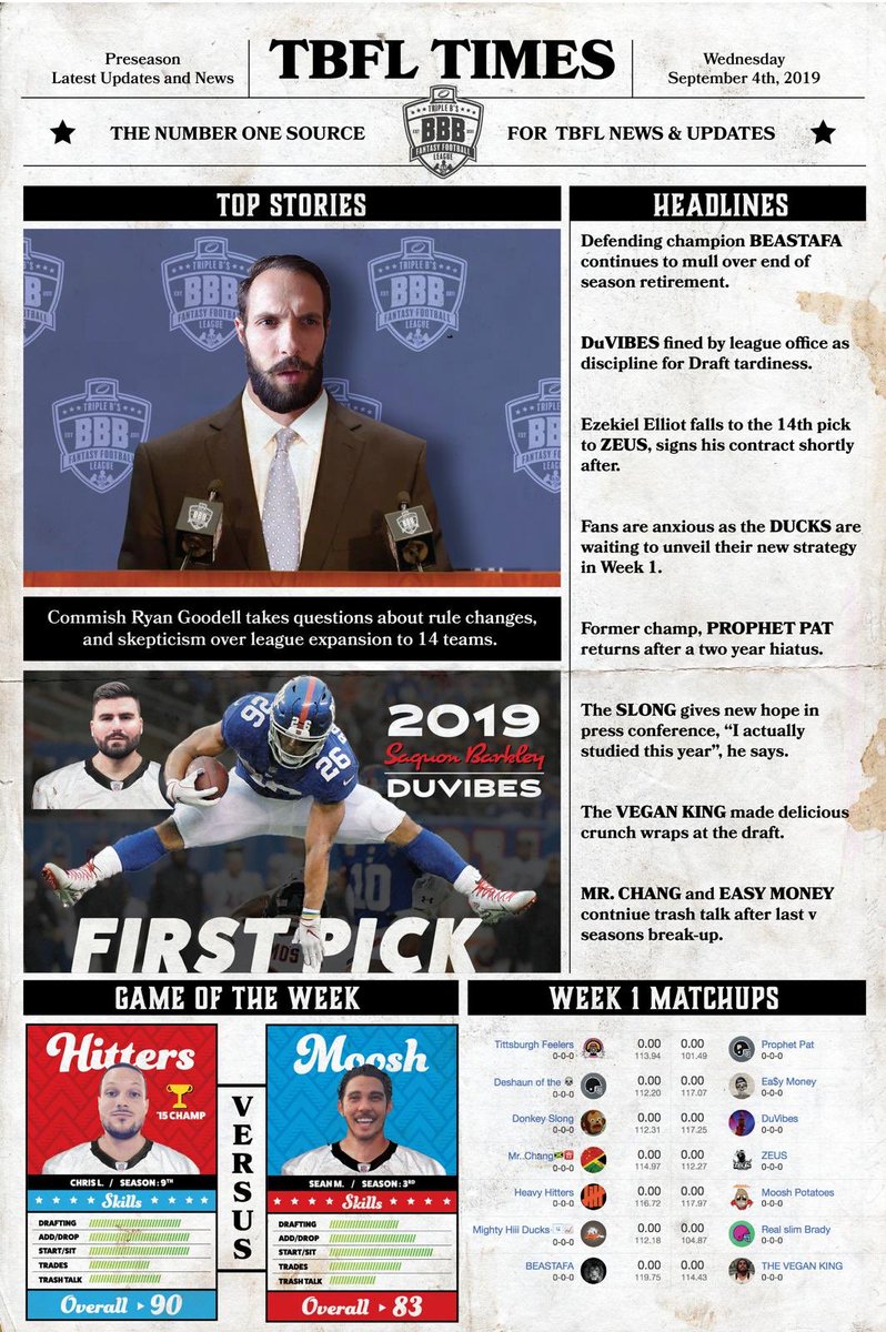 TBFL_'s tweet photo. THE #TBFL SEASON IS OFFICALLY ON ITS WAY!!!!

📰 #TBFLTIMES 011 📰 

WEEK 1 (2019)

**All #TBFLTIMES graphics provided by @ryaneuster ** https://t.co/b9DRv7jCQB