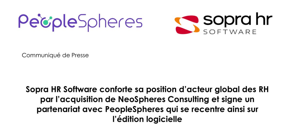 NeoSpheres_eu's tweet photo. Nous sommes fier d'annoncer le rachat de NeoSpheres Consulting par @sopraHR Software qui conforte ainsi sa position d'acteur global des #RH.   Découvrez rapidement le communiqué de presse! https://t.co/eOHkE0upRi https://t.co/5J7wQR3xKd