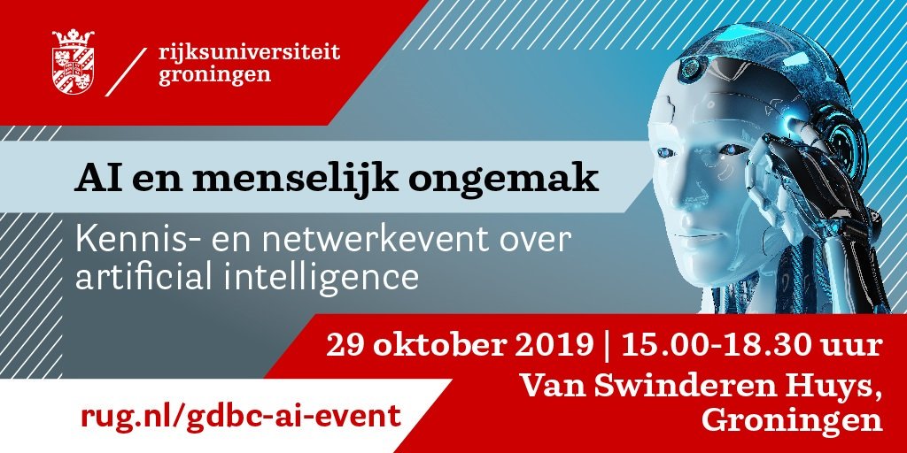 Noteer di 29 oktober alvast in de agenda, want dan vindt er een nieuw #GDBC-event plaats. Hoofdspreker <a href="/JarnoDuursma/">Jarno Duursma</a> vertelt over de relatie tussen #KunstmatigeIntelligentie en menselijk ongemak. Komt u ook? rug.nl/gdbc-ai-event <a href="/CIT_RUG/">CIT_RUG</a> <a href="/Noorderpoort/">Noorderpoort</a> <a href="/FondsGroningen/">Het Fonds Groningen</a> @UGBSgro