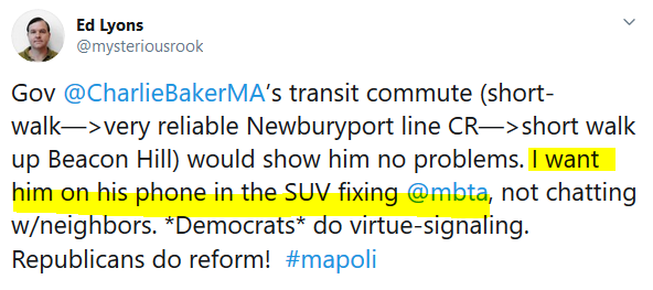 RWwatchMA's tweet photo. If Baker has to rely on the T, it wouldn't take 18 years to fix it. The idea that Baker can fix the T on his phone says #EdLyons is more of a cheerleader than serious critic #mapoli #bospoli #MBTA https://t.co/t2jgX7SB9L