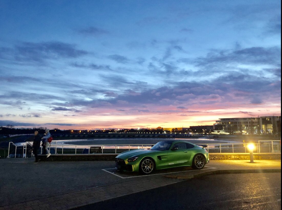 robhalloway's tweet photo. “Green car at night, driving experience customer’s delight”. 🤔

A fab pic of Brooklands at sunset, expertly taken by Jess, who works in the simulator zone. https://t.co/HBjfk1u93t