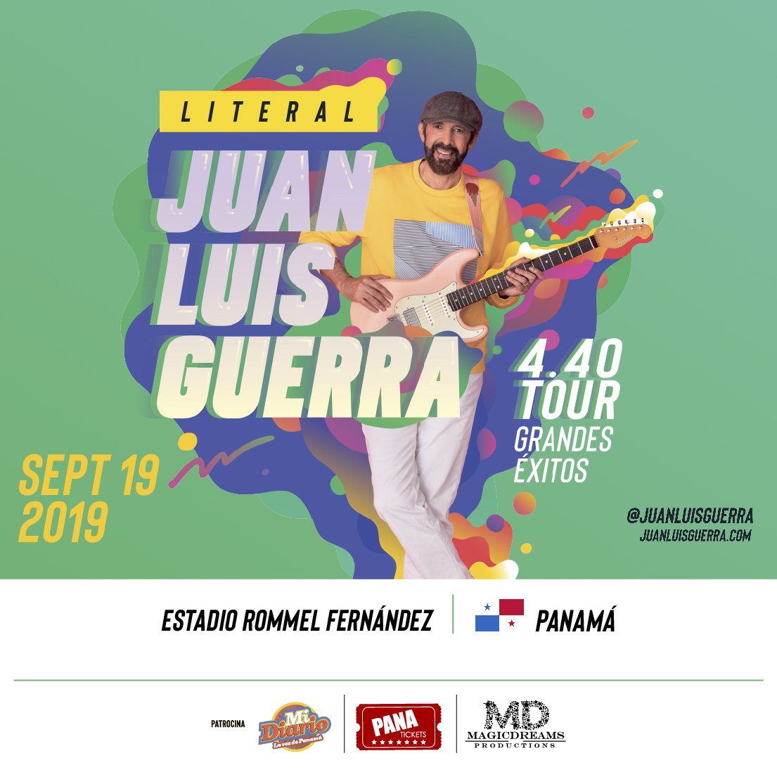 MiDiarioPanama's tweet photo. El maestro de la bachata y el merengue Juan Luis Guerra y 4.40, llegan este 19 de septiembre al estadio Rommel Fernández con #LiteralTourPTY.
Adquiere tus boletos en los puntos de venta de @Panatickets
#jlgpty #panama #LiteralTourPTY Produce @magicdreamsinc https://t.co/DxCcdt7YUo