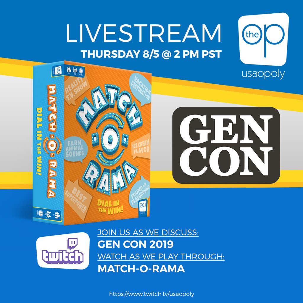 TheOpGames's tweet photo. It's almost time for #TheOPLive! Be sure to tune in at 2 pm PST for our thoughts on #GenCon2019 and a playthrough of our newest party game, #MatchORama!
See you there! 👉 https://t.co/Pntw5kz7To
#TheOP #MatchORama #HowtoPlay #TwitchTV #Livestream #newgames #tabletopgames https://t.co/iTAFPIWTmf
