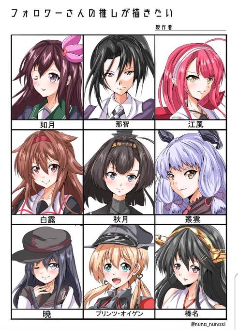 #フォロワーさんの推しが描きたい
なんとか描き上げました普段描かないキャラばかりだったのでなかなかいい経験となりました。
・・・しかしほとんど艦これのキャラばかりだなあ・・。
普段艦これ描いている人ってちょっとは認知されてたら嬉しいなあ。 