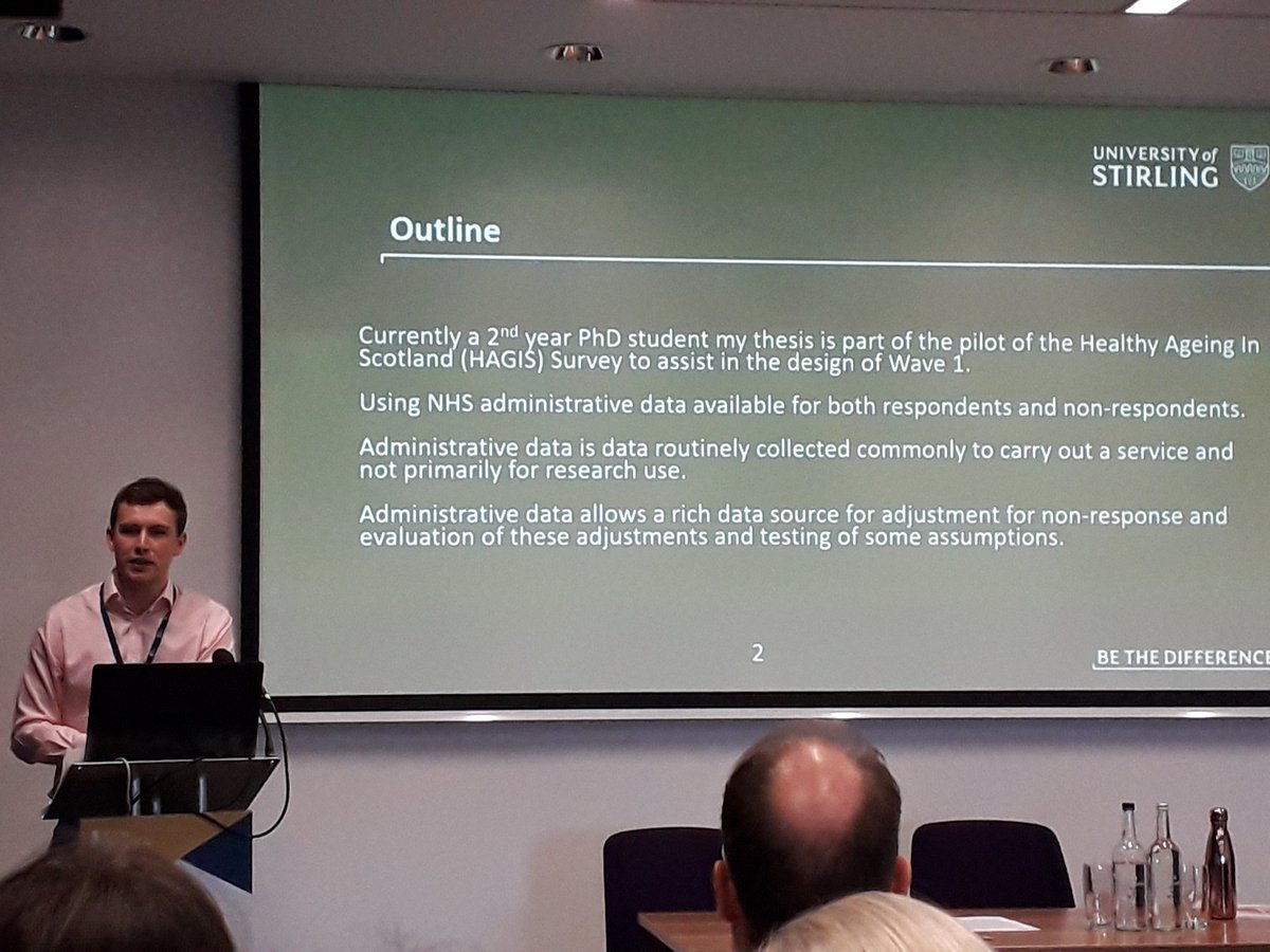 DrSarahMartin's tweet image. Matthew Moore presenting on respondent non-response in the Healthy Ageing in Scotland Study #RSSConf2019