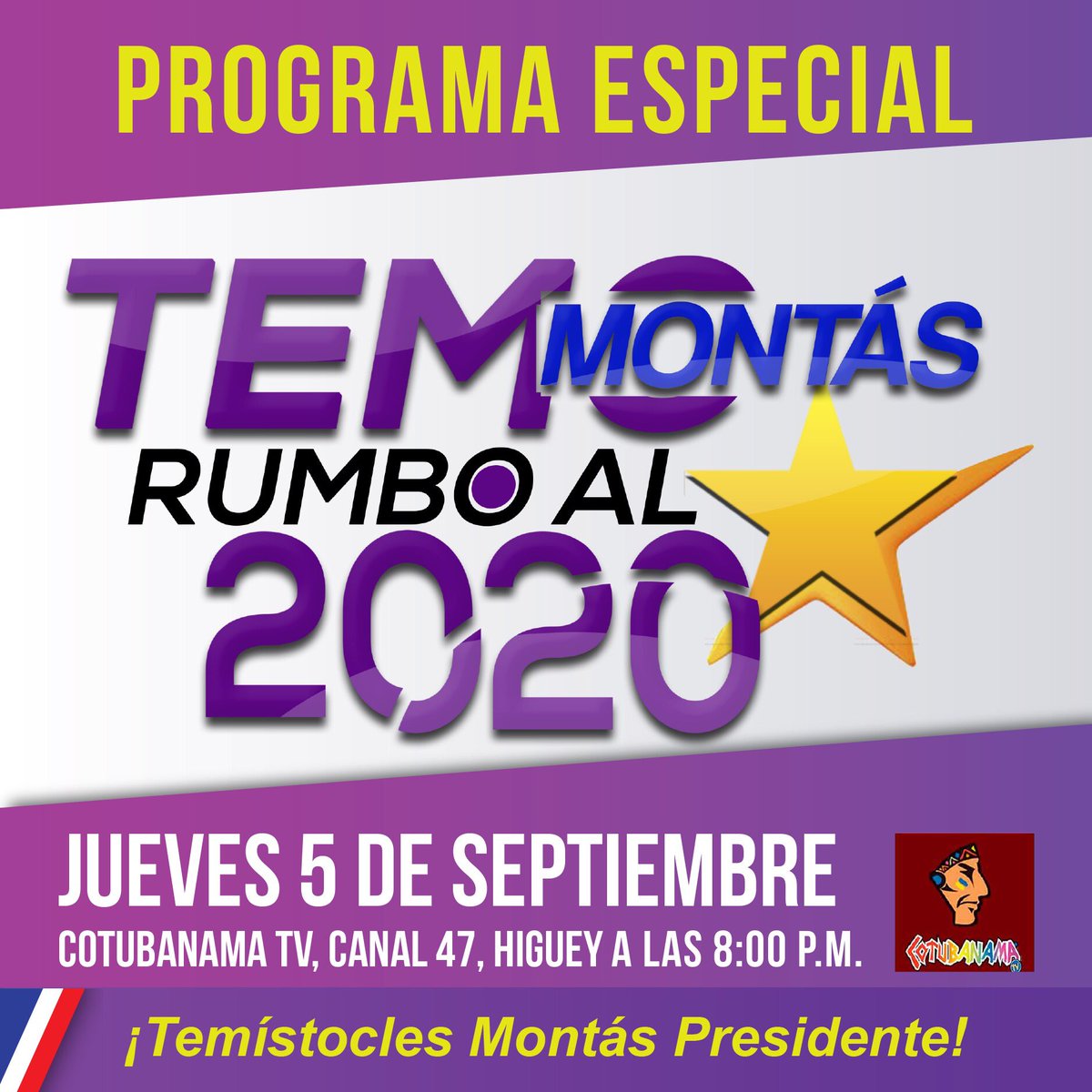 temomontas's tweet photo. Vea nuestro 📺𝐏𝐫𝐨𝐠𝐫𝐚𝐦𝐚 𝐞𝐬𝐩𝐞𝐜𝐢𝐚𝐥: 𝐓𝐞𝐦𝐨 𝐌𝐨𝐧𝐭á𝐬 𝐑𝐮𝐦𝐛𝐨 𝐚𝐥 𝟐𝟎𝟐𝟎 🌟 ⁣
⁣
⏰10:00 am Telesistema, canal 11.⁣
⏰08:00 pm Cotubanamá, canal 47 de Higüey.
#TemoMontás2020 #RumboAl2020 https://t.co/w2HiEpkG4w