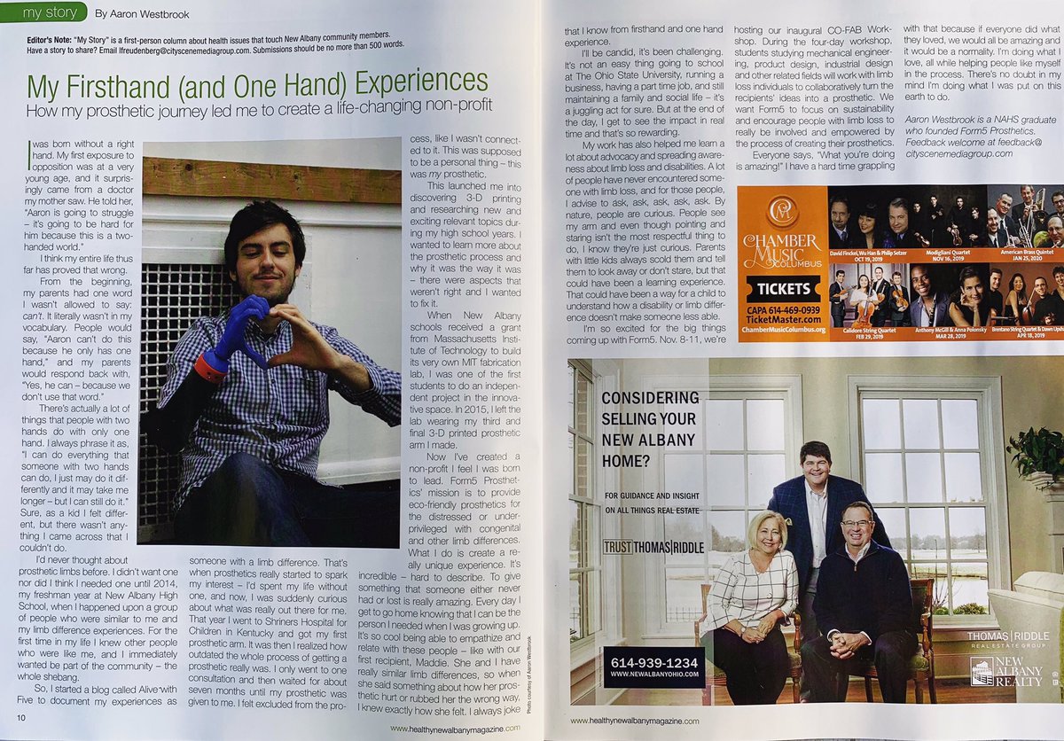 form5prosthetic's tweet photo. Thank you @HealthNewAlbany for featuring Aaron & our non-profit in your latest edition of Healthy New Albany Magazine! What a great piece on how our organization formed, the impact we are making, and what we're up to next! #Form5Prosthetics #AliveWithFive #Prosthetics #3DPrinting https://t.co/oLUM5KijS2