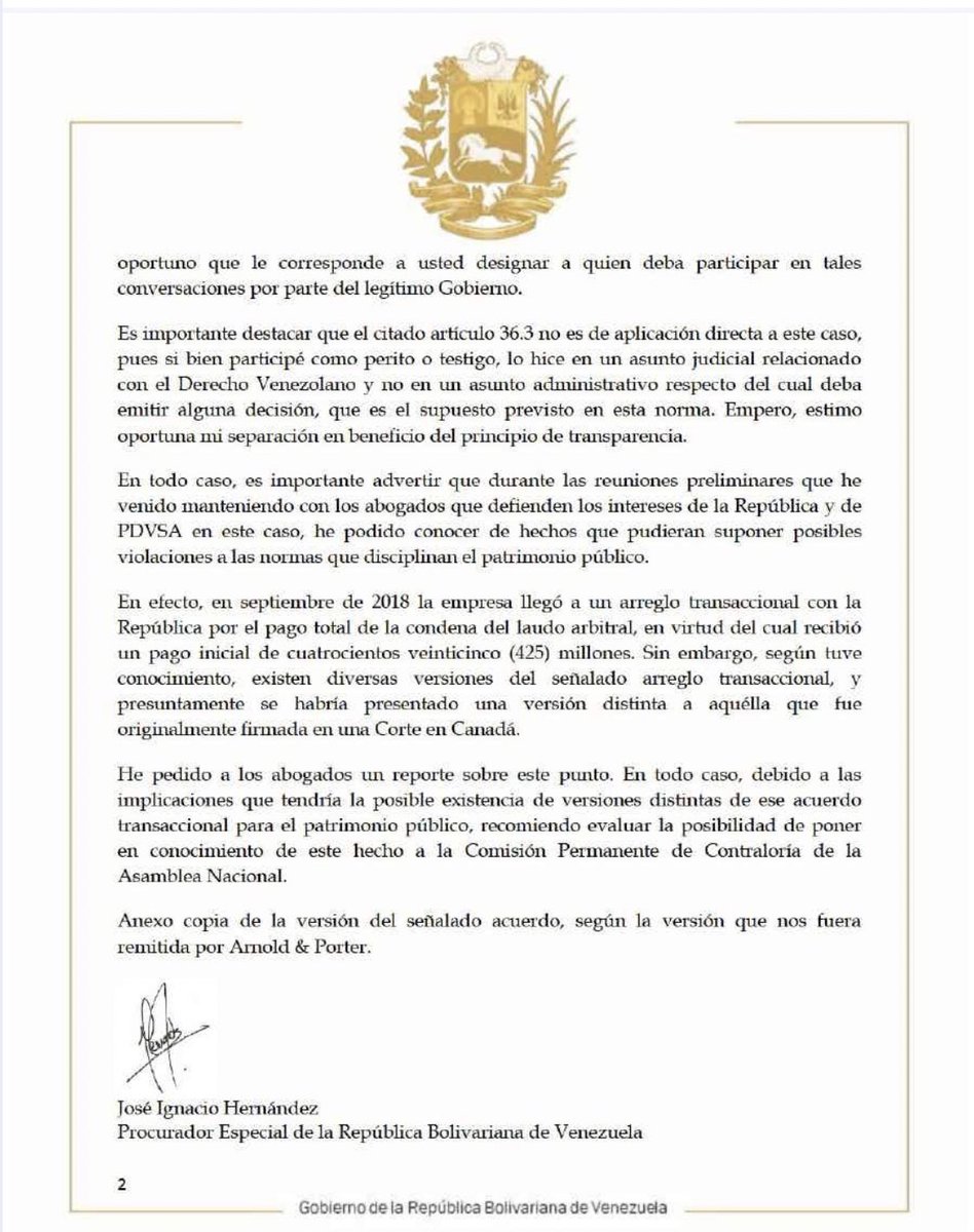 . @GrayzoneProject obtained  @ignandez’s “recusal” letter circulated among Venezuela’s opposition.Notice he doesn’t recuse himself from the case, only from “conversations” w Crystallex.Most bizarrely, it is addressed to  @carlosvecchio, not “President”  @jguaido. Why is that?